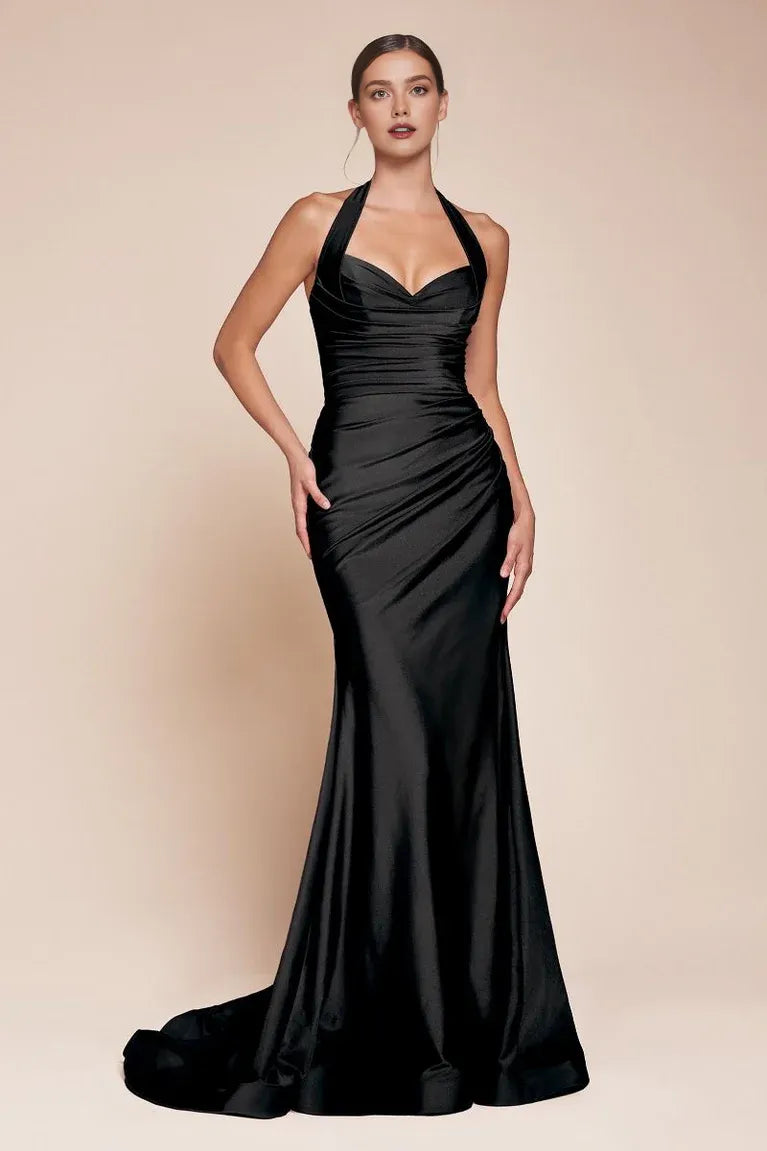 Robe Weitese en satin noir, col licou et coupe sirène pour une robe de bal élégante et intemporelle